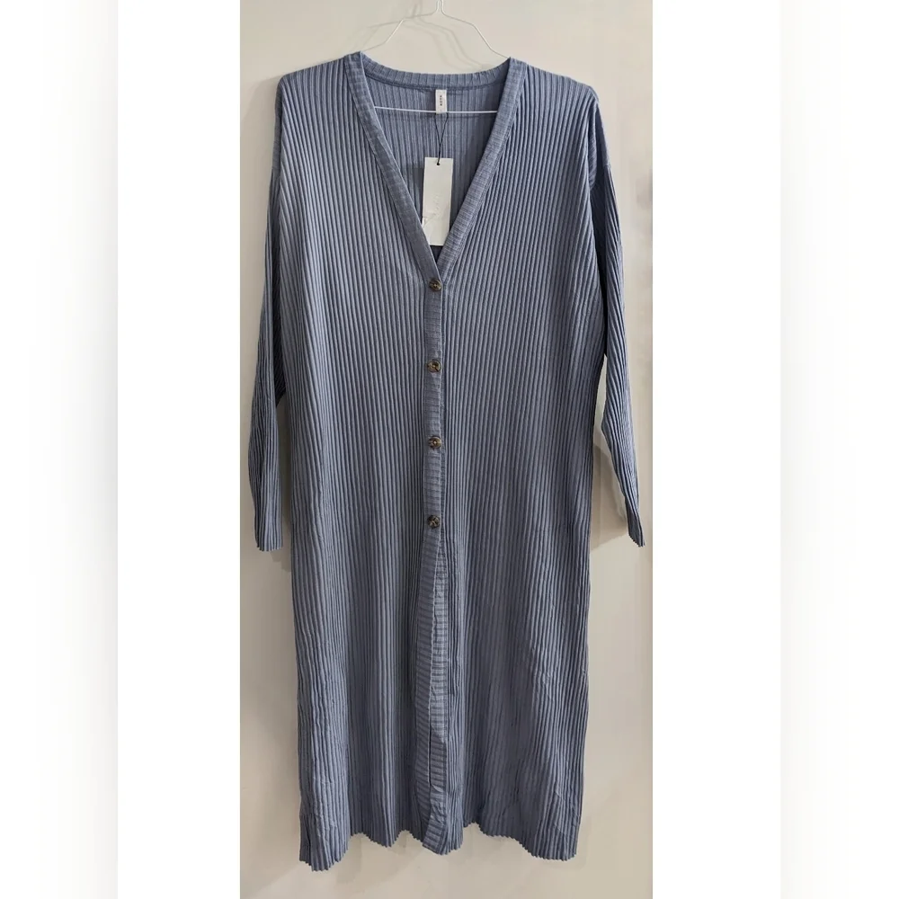 NWT KOTN | Women's Midi Ribbed Cardigan in Stone Blue - Picture 4 of 10